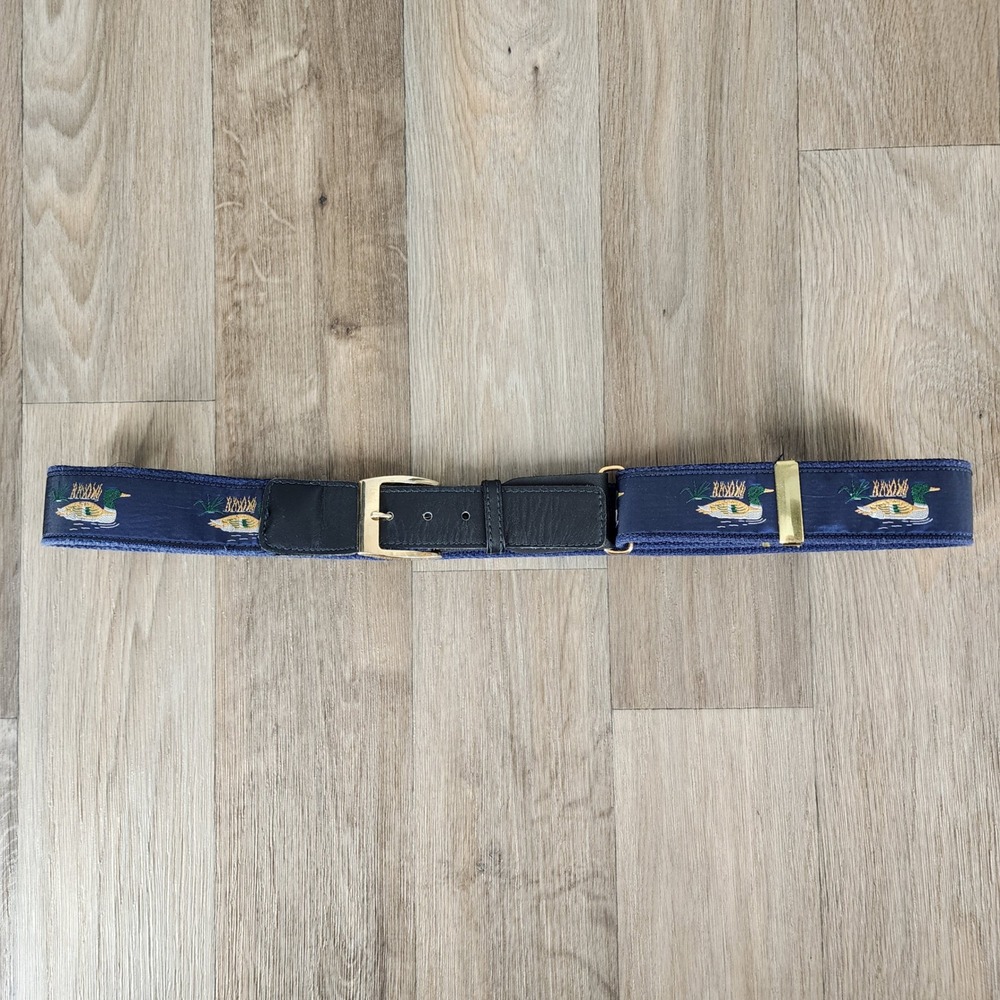 Vintage Cashs Mens Mallard‎ Duck Embroidered Adjustable Belt Navy Blue Canvas